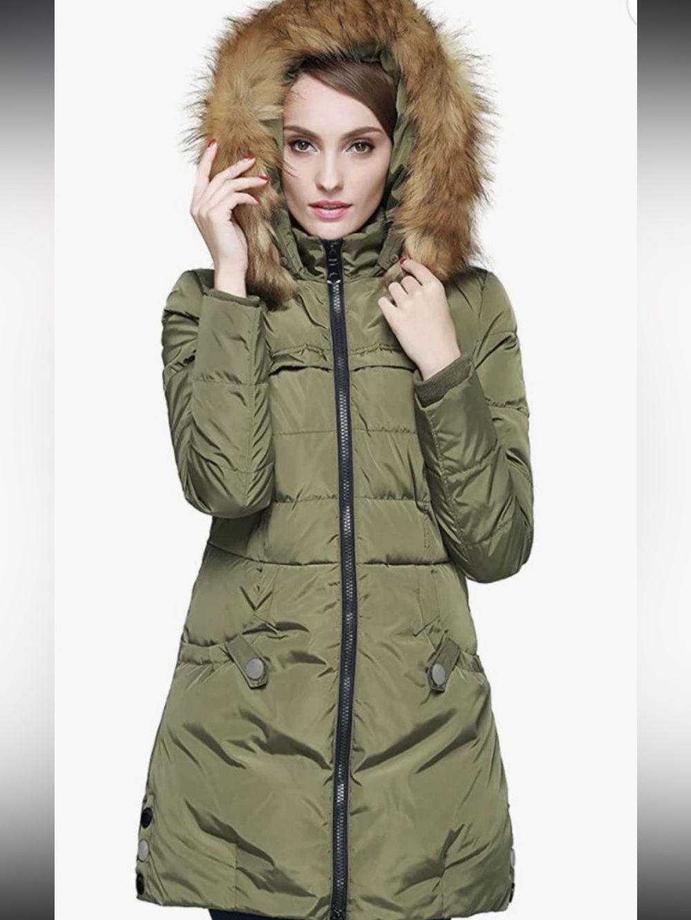 Orolay Down Jacket Coat removable Faux Fur Trim Hood Hoody Military Green sz L